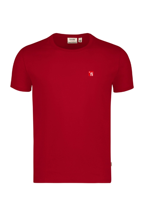 Rotes T-Shirt mit Rundhalsausschnitt, rotes Finanz Informatik Logo auf linker Brust