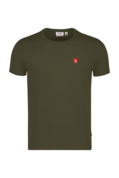 Olive farbendes T-Shirt mit Rundhalsausschnitt, rotes Finanz Informatik Logo auf linker Brust