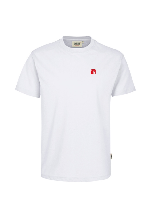 Weißes T-Shirt mit Rundhalsausschnitt mit rotem Finanz Informatik Logo auf der linken Brust
