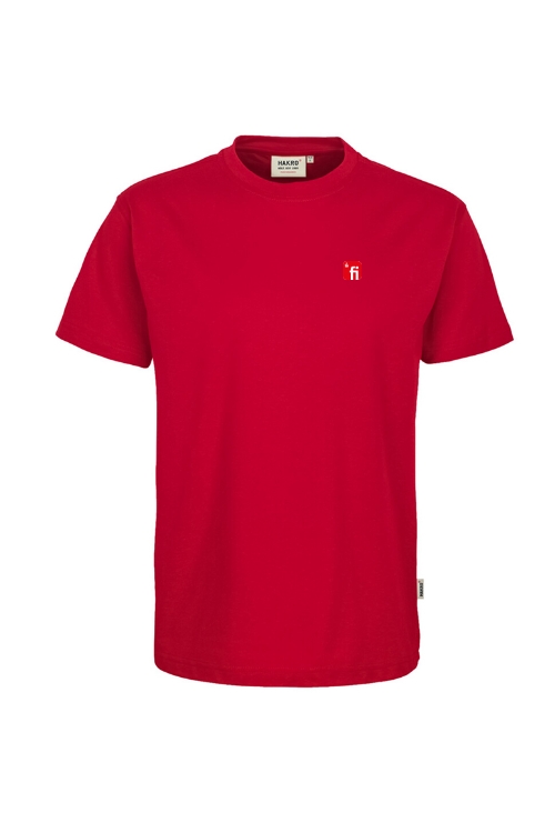 Rotes T-Shirt mit Rundhalsausschnitt mit rotem Finanz Informatik Logo auf der linken Brust