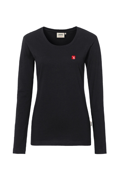 Schwarzes Langarmshirt mit rotem Finanz Informatik Logo auf der linken Brust