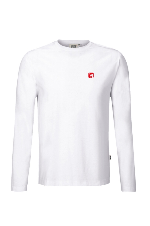 Weißes Langarmshirt mit rotem Finanz Informatik Logo auf der linken Brust