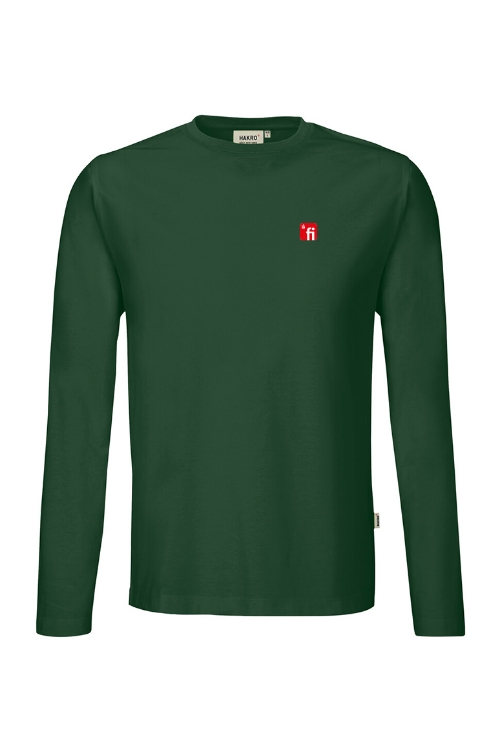 Grünes Langarmshirt mit rotem Finanz Informatik Logo auf der linken Brust