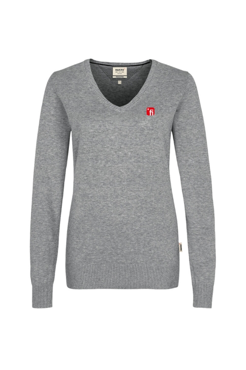 Grauer Pullover mit V-Ausschnitt mit rotem Finanz Informatik Logo auf der linken Brust