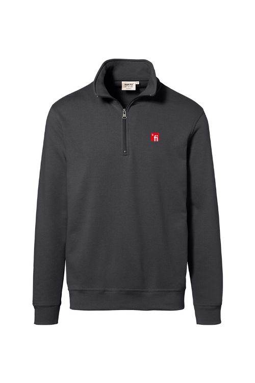Carbongrauer Pullover mit Zip Verschluss am Kragen mit rotem Finanz Informatik Logo auf der linken Brust