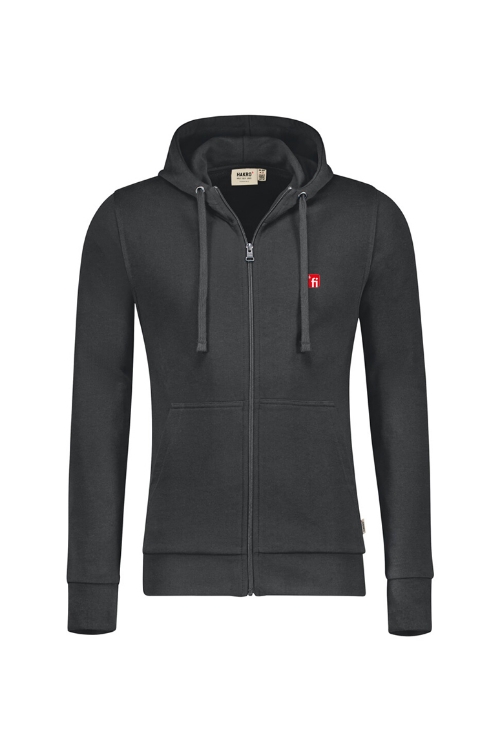 Dunkelgraue Kapuzen Sweatjacke mit rotem Finanz Informatik Logo auf der linken Brust