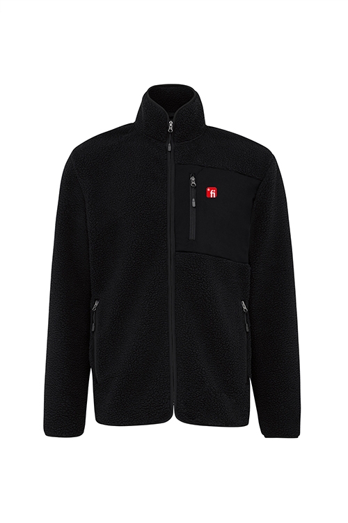 schwarze Teddy Fleecejacke mit rotem Finanz Informatik Logo auf der linken Brust